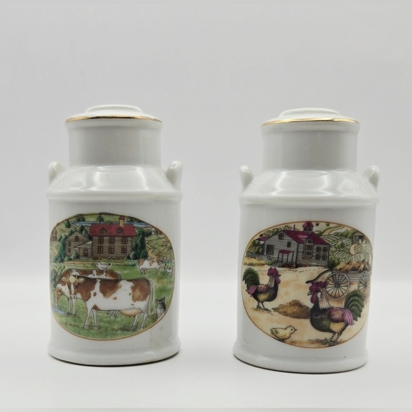 Vintage Japan Milk Can Salt Pepper Shakers Farm Cow Rooster - Picture 1 of 9